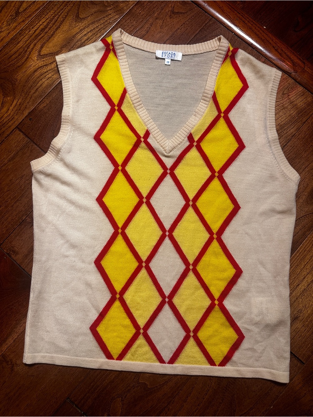Escada Beige Argyle V-Neck Tank with Yellow & Red Diamond Pattern